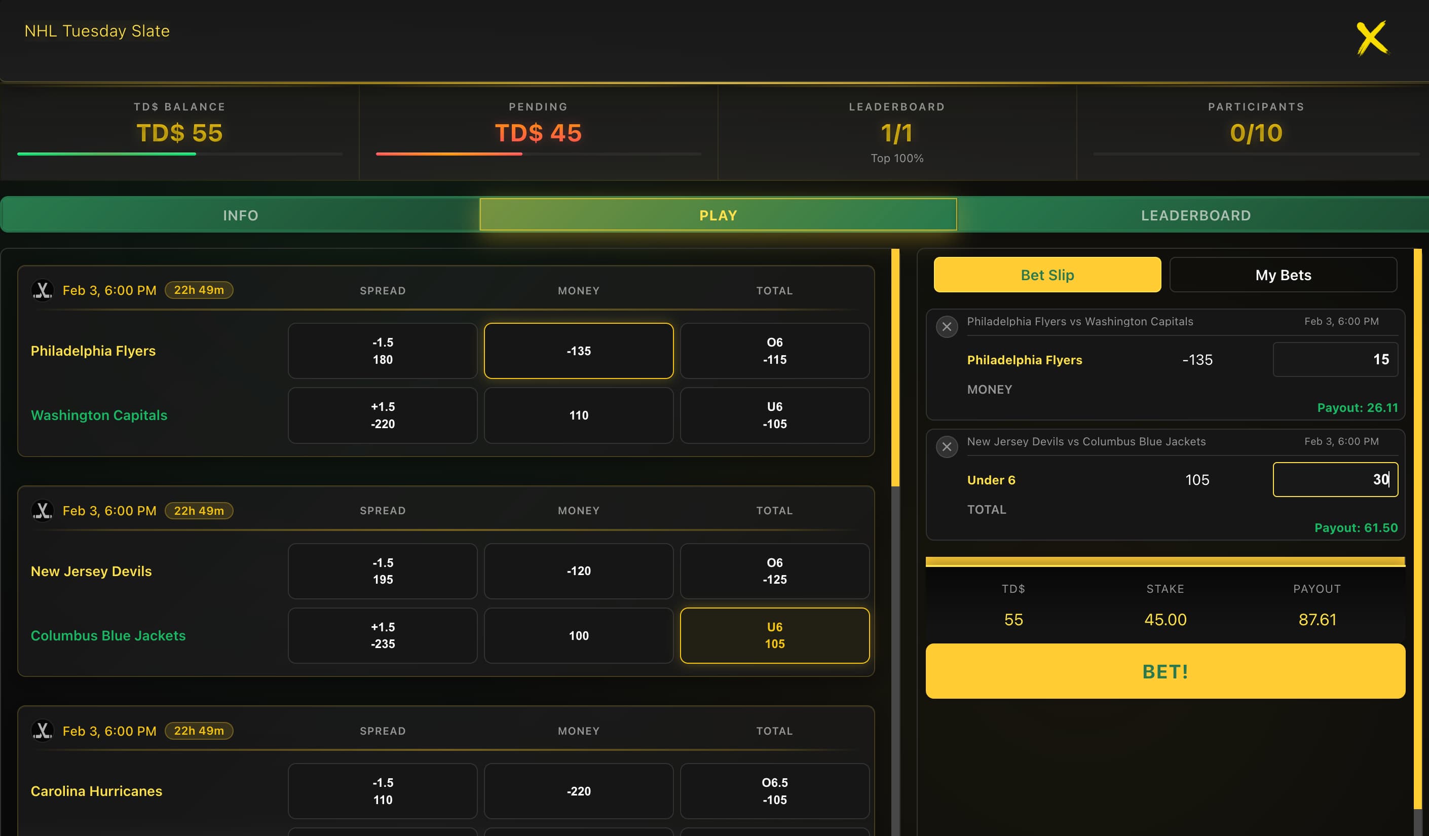 Bet slip view in the Bet Max Tourney app