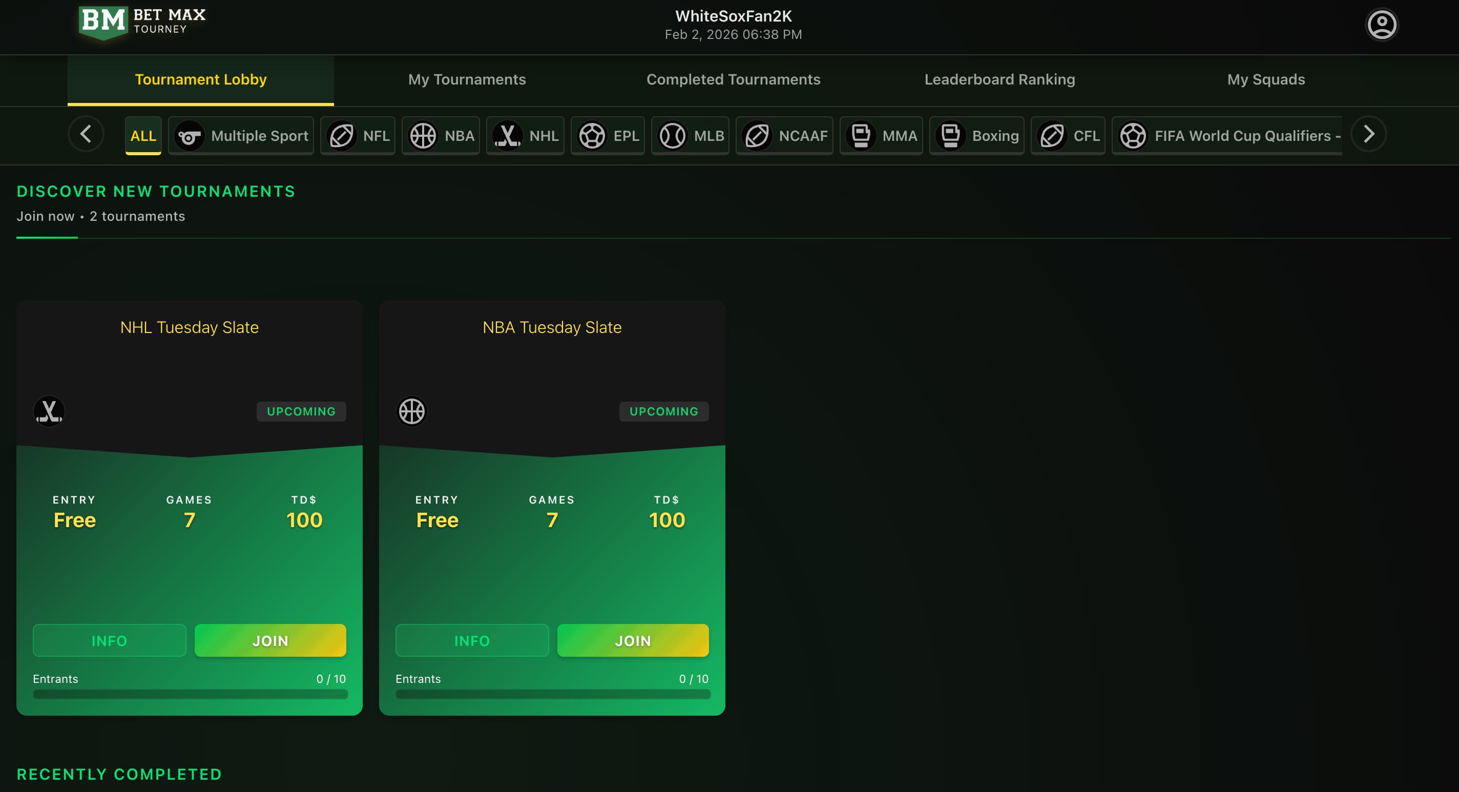 Player dashboard / home page
