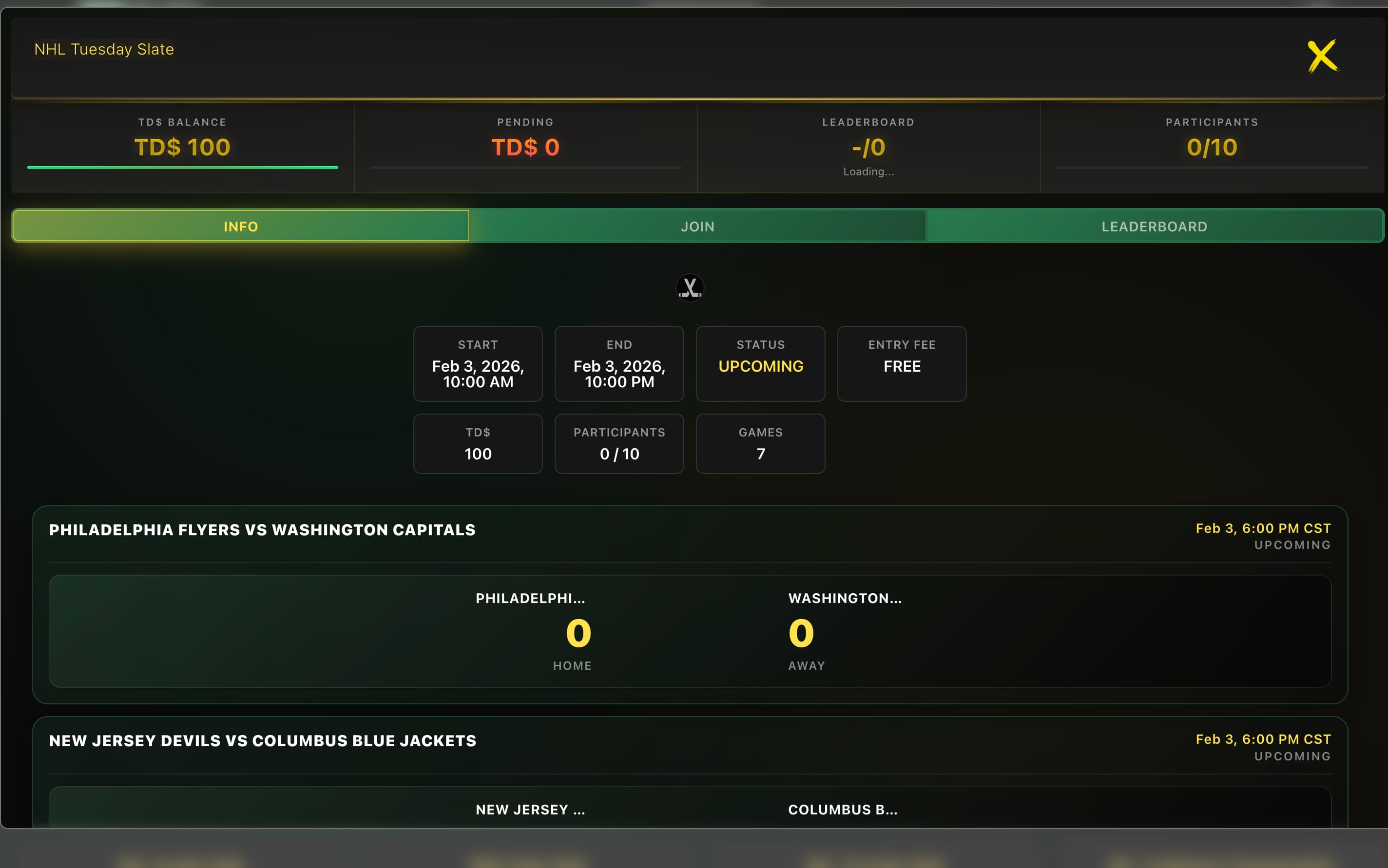 Tournament entry screen