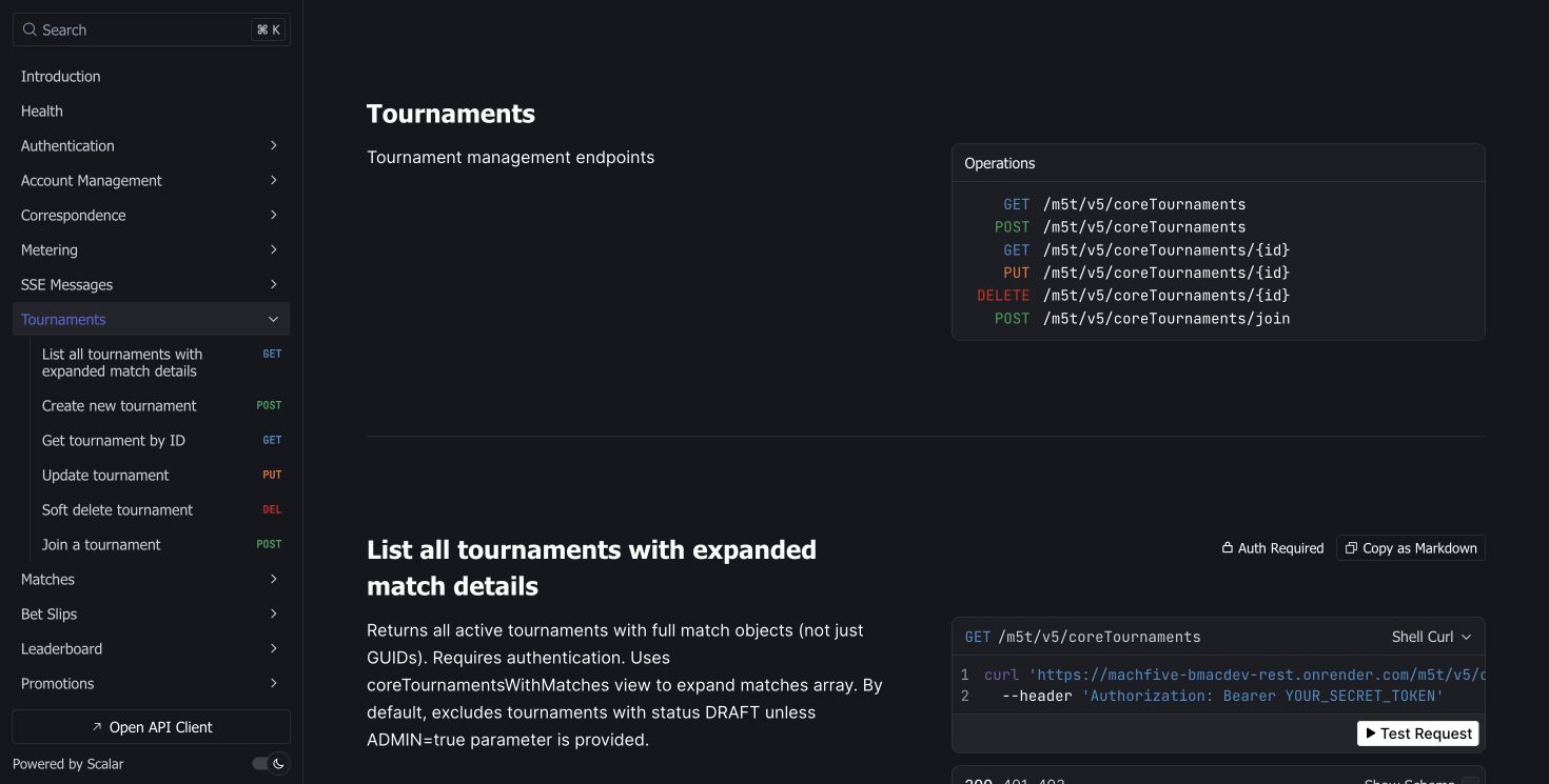 Tournament endpoints and request examples.