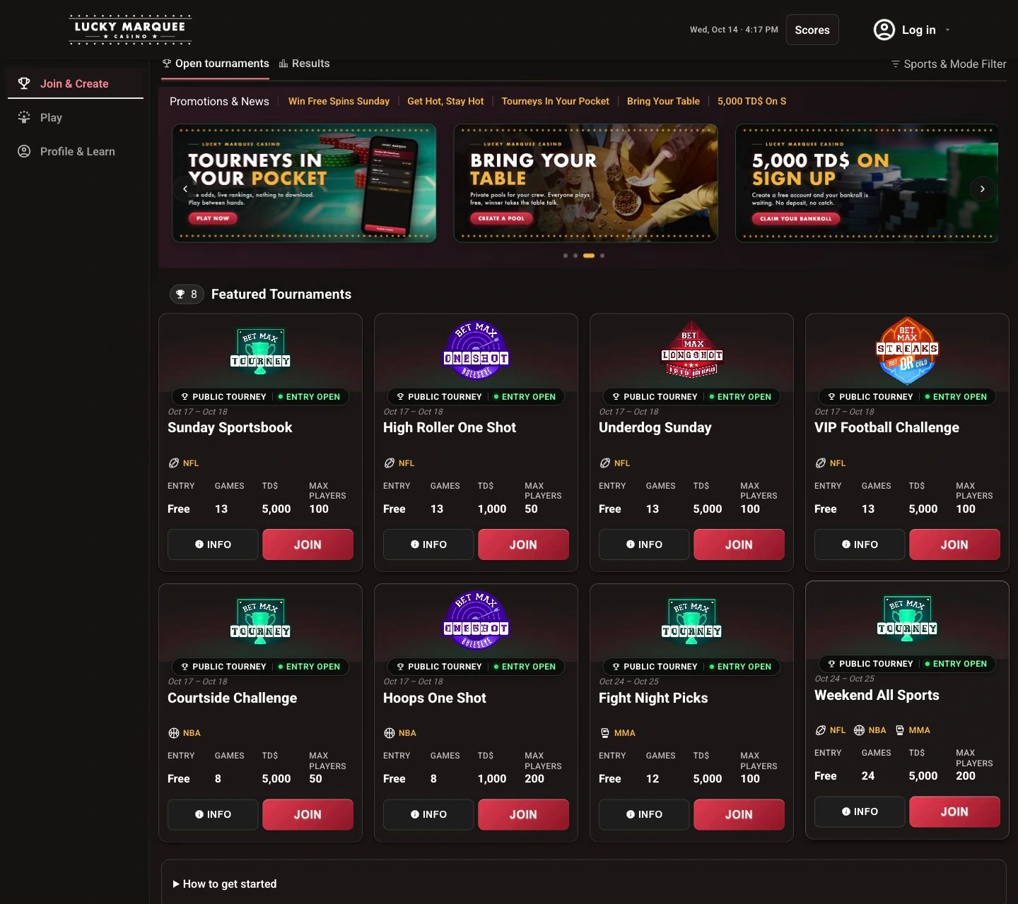 Lucky Marquee Casino desktop tournament app with current navigation and branded promotions