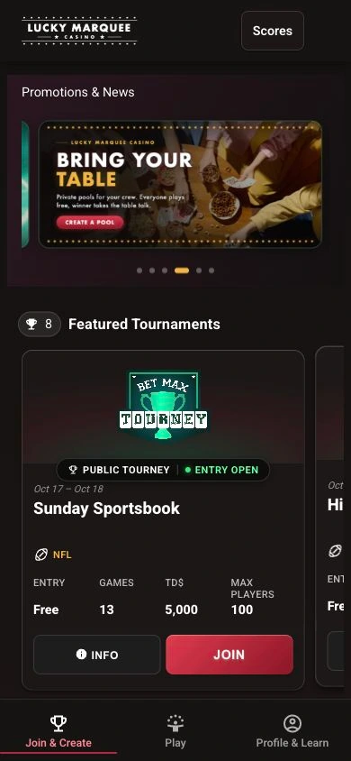 Lucky Marquee Casino phone tournament app with current navigation and branded promotions