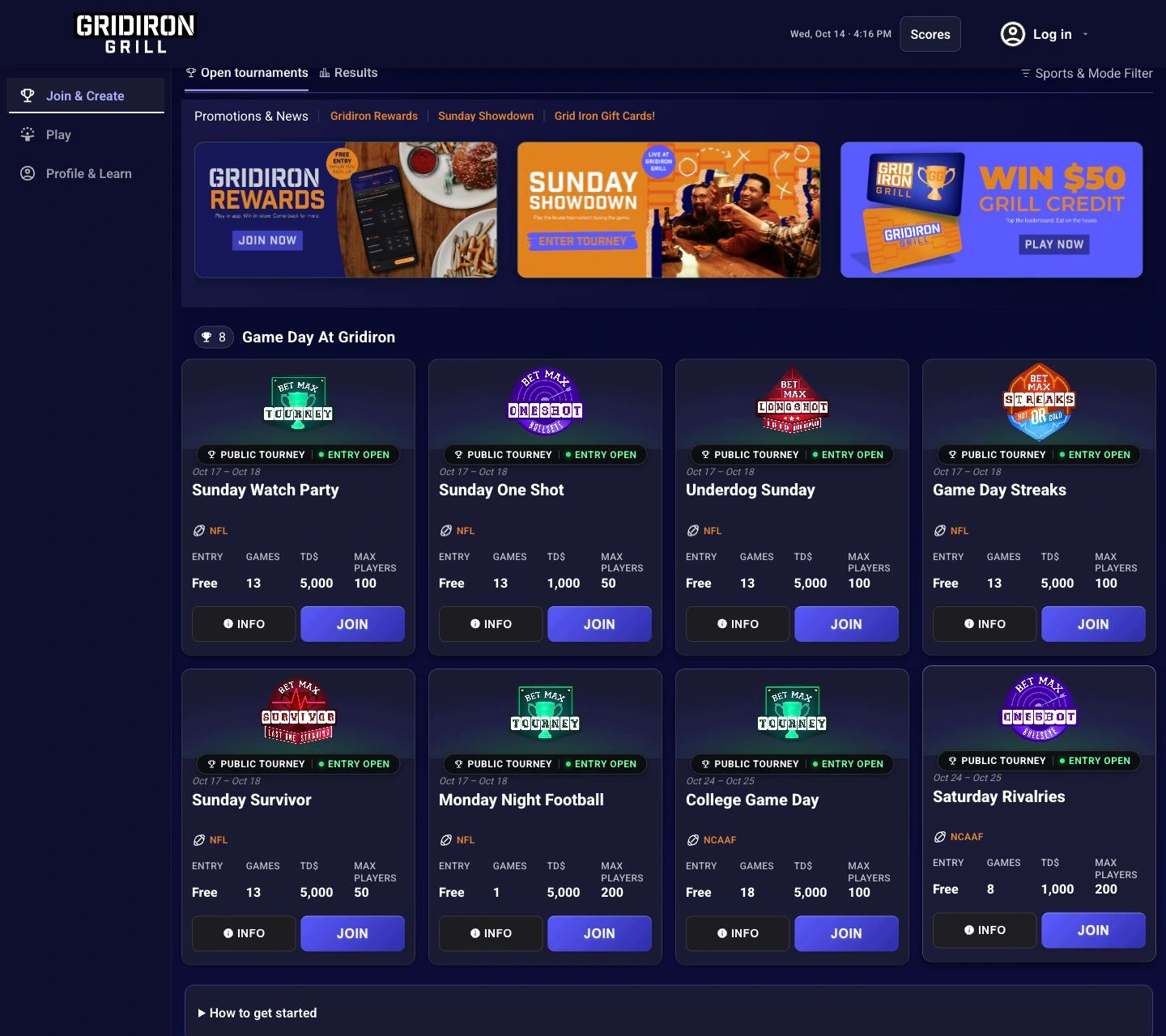 Gridiron Grill desktop tournament app with current navigation and branded promotions