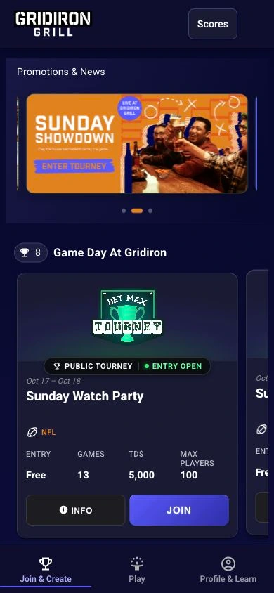 Gridiron Grill phone tournament app with current navigation and branded promotions