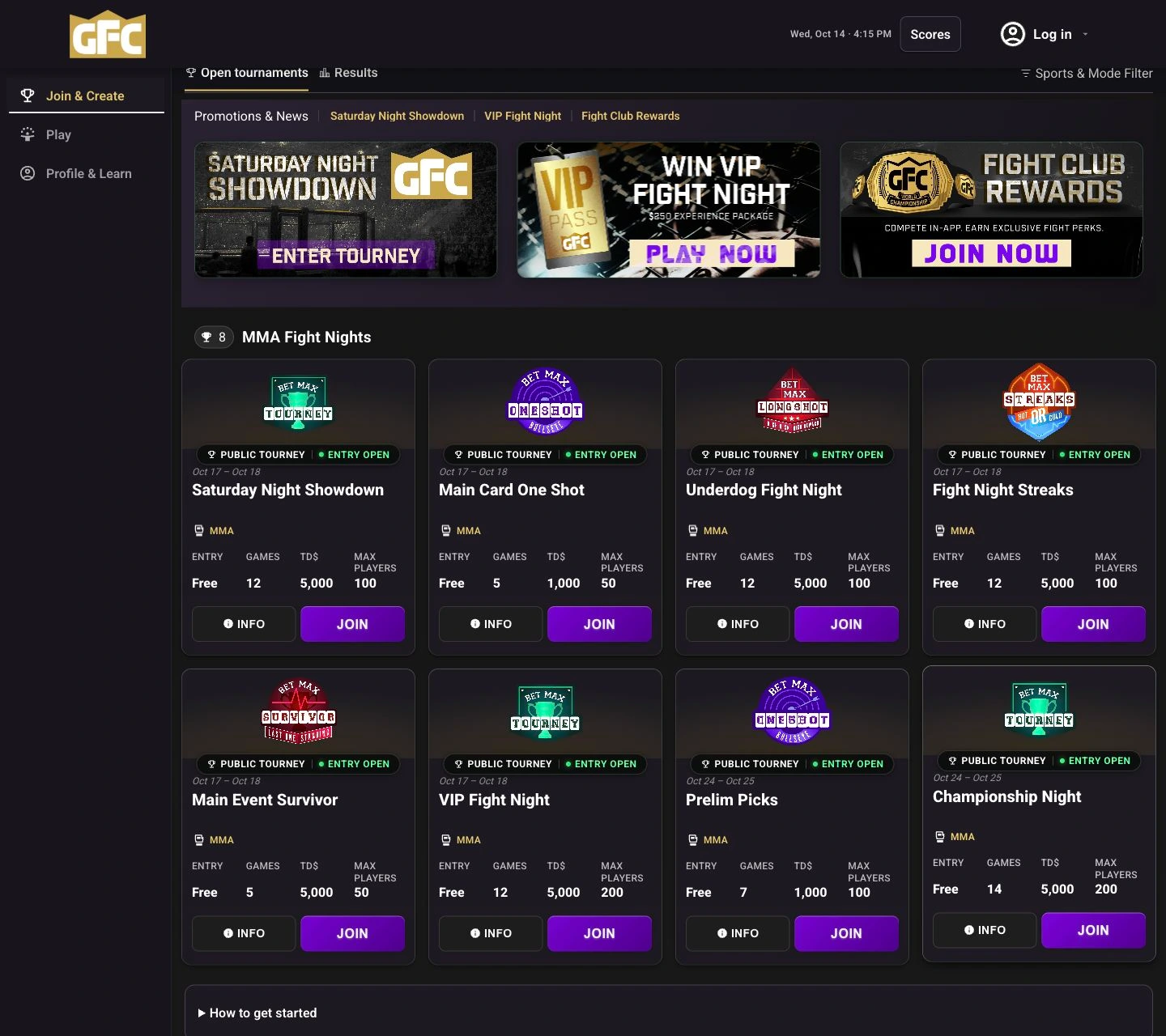 GFC desktop tournament app with current navigation and branded promotions