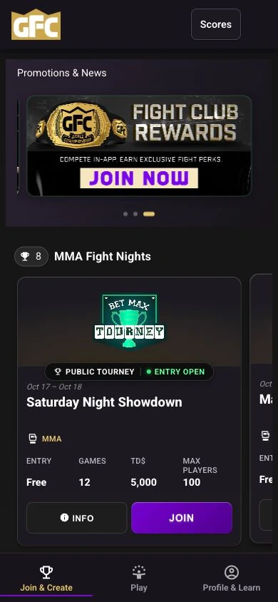GFC phone tournament app with current navigation and branded promotions