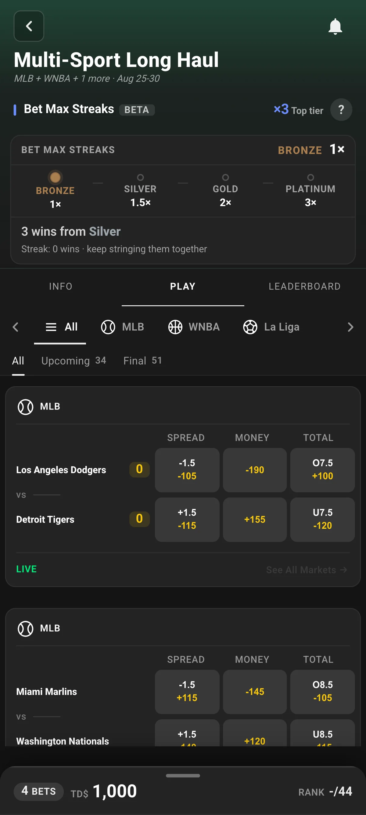Live odds on the play screen